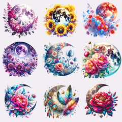 Bügelaufkleber - Mystischer Mond mit Blumen