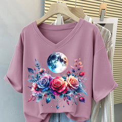 Bügelaufkleber - Mystischer Mond mit Blumen