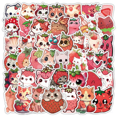 Sticker‑Set - Kawaii Katzen‑Sticker mit Erdbeeren (10‑53 Stk.)