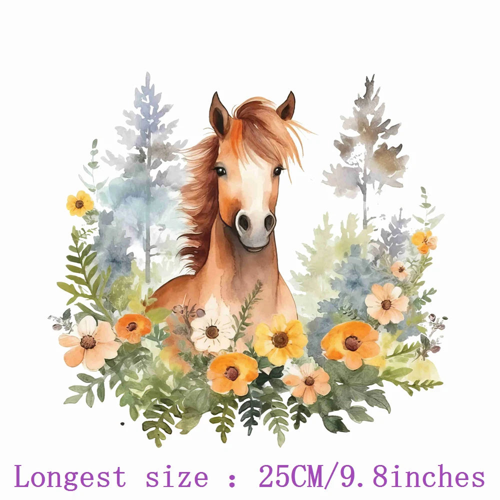 Bügelaufkleber - 25cm Blumen und Pferd