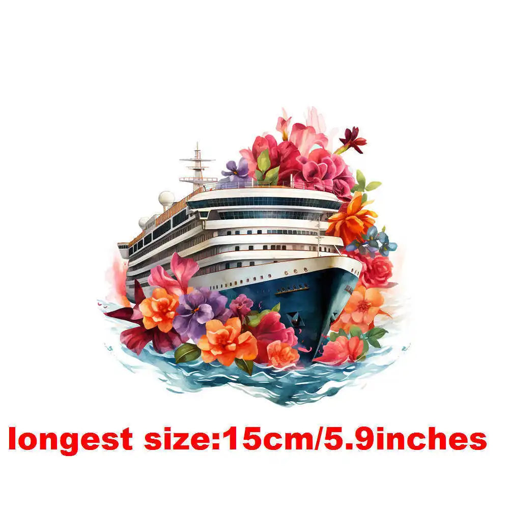 Bügelaufkleber - 15cm Blumendampfschiff