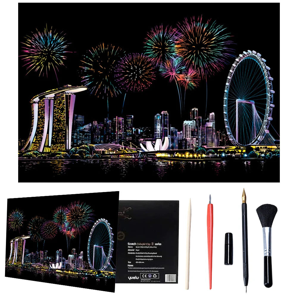 Kratzbild-Set - Nachtansicht mit Werkzeug