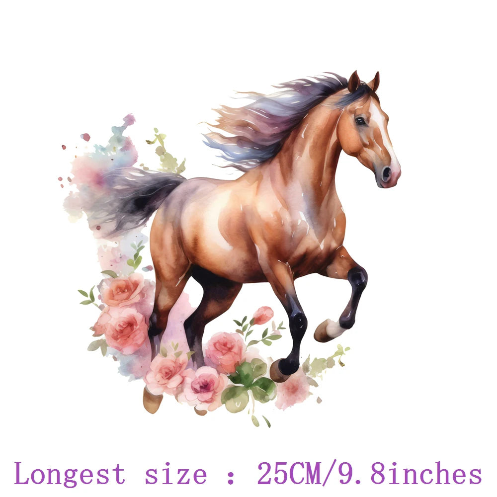 Bügelaufkleber - 25cm Blumen und Pferd