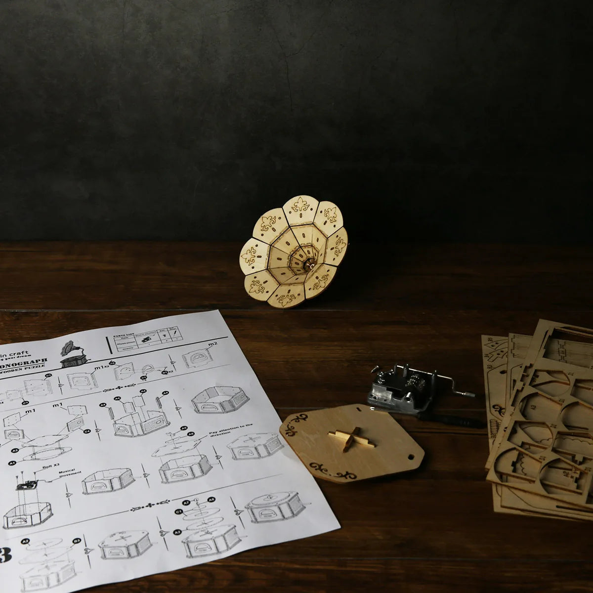 3D Holz-Puzzle - Grammophon mit Spieluhr