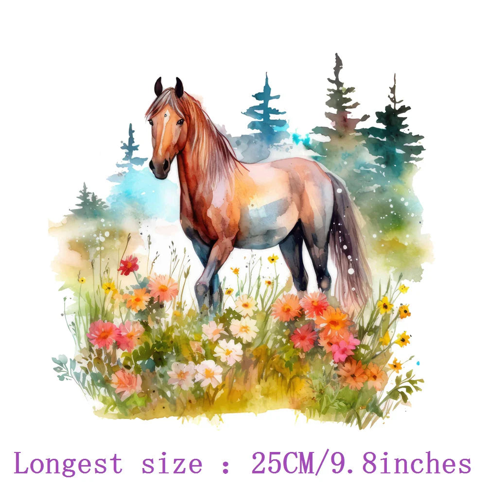Bügelaufkleber - 25cm Blumen und Pferd