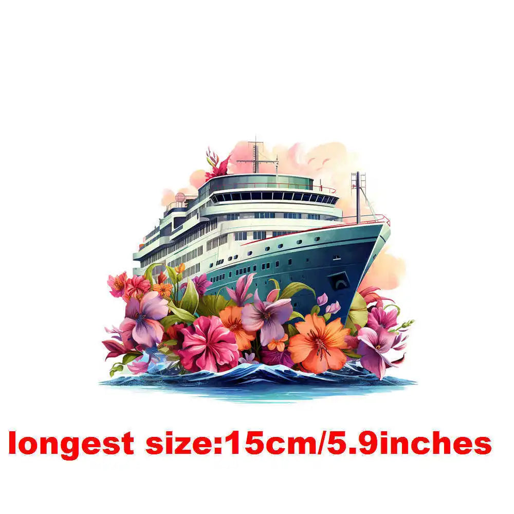 Bügelaufkleber - 15cm Blumendampfschiff