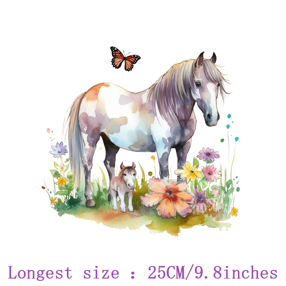 Bügelaufkleber - 25cm Blumen und Pferd
