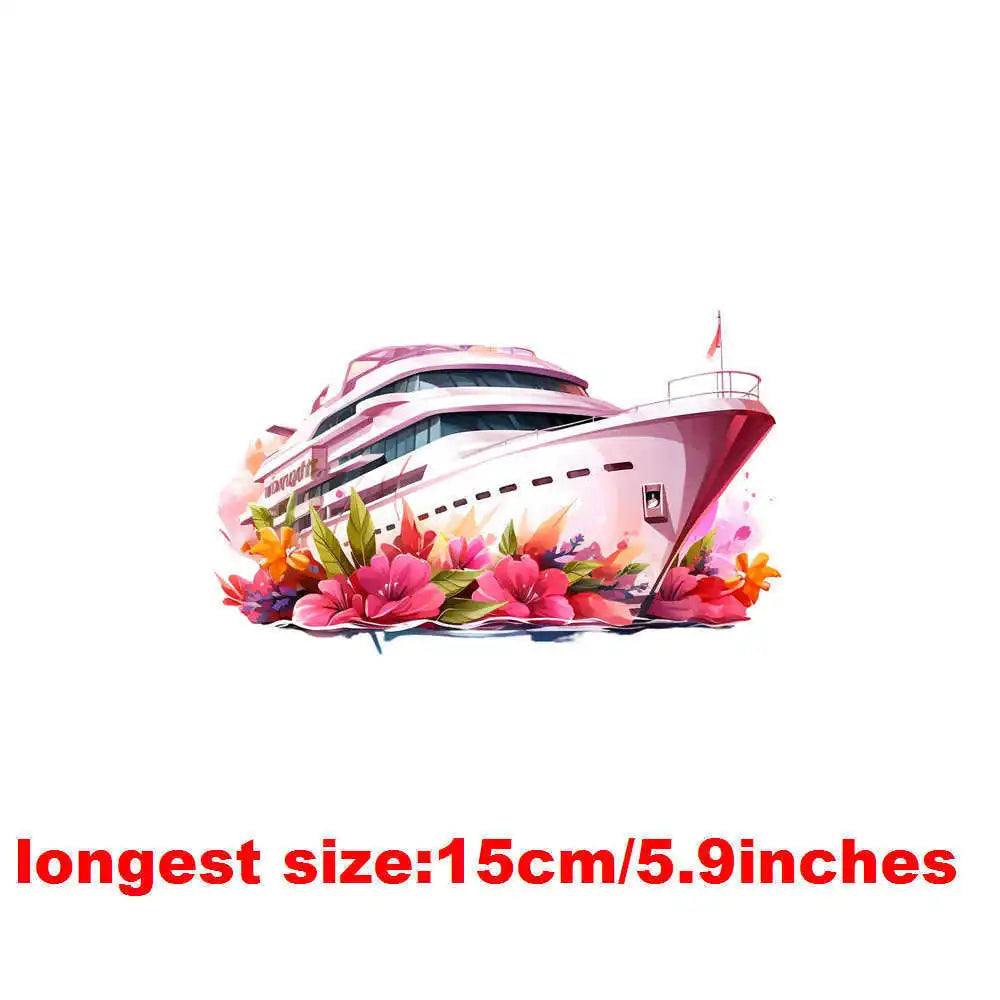 Bügelaufkleber - 15cm Blumendampfschiff
