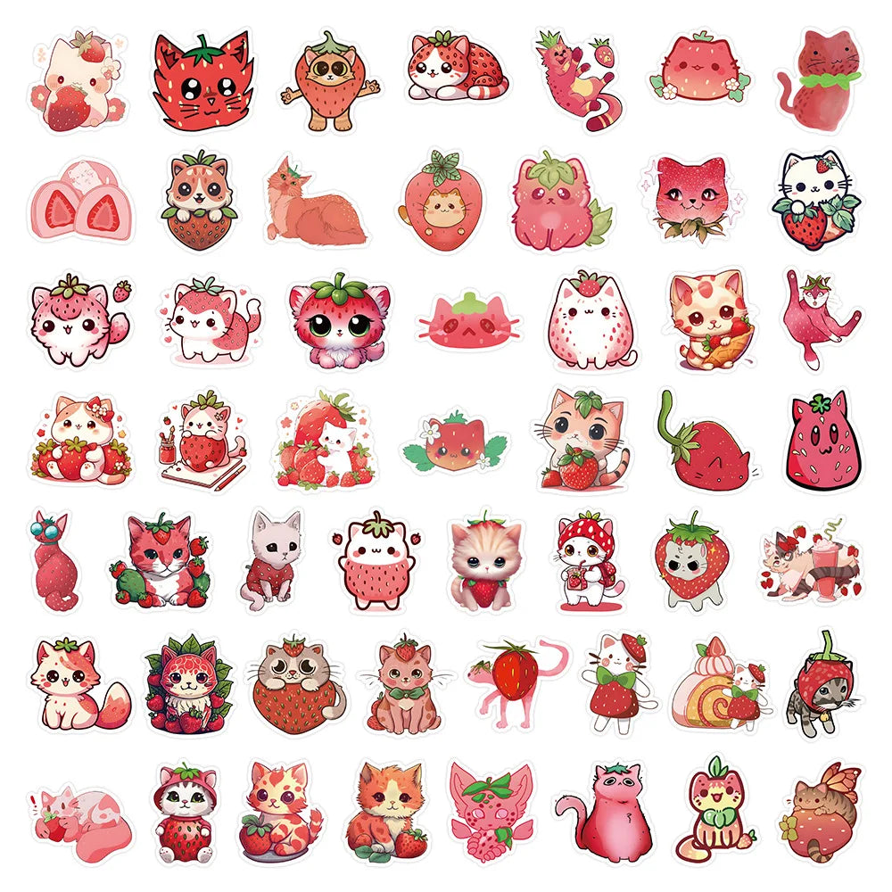Sticker‑Set - Kawaii Katzen‑Sticker mit Erdbeeren (10‑53 Stk.)