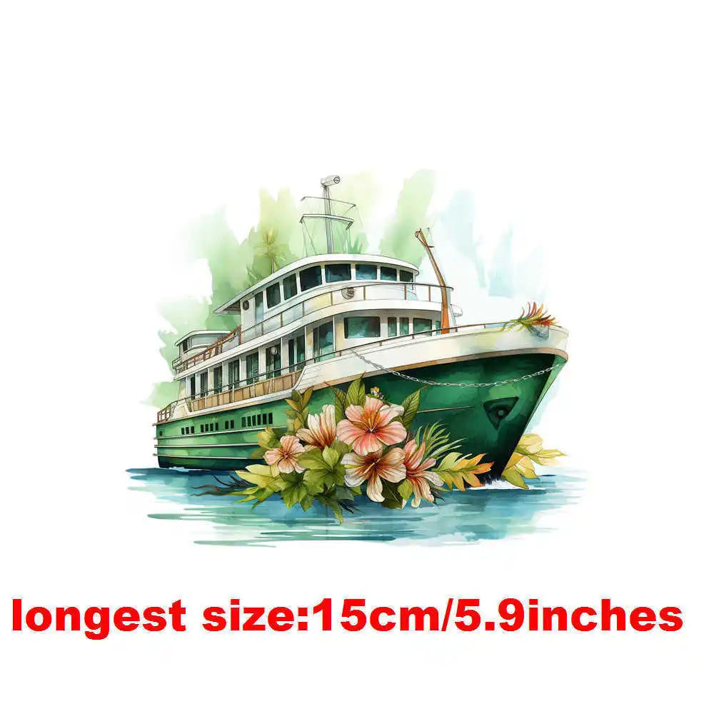 Bügelaufkleber - 15cm Blumendampfschiff