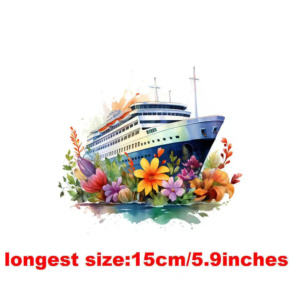 Bügelaufkleber - 15cm Blumendampfschiff