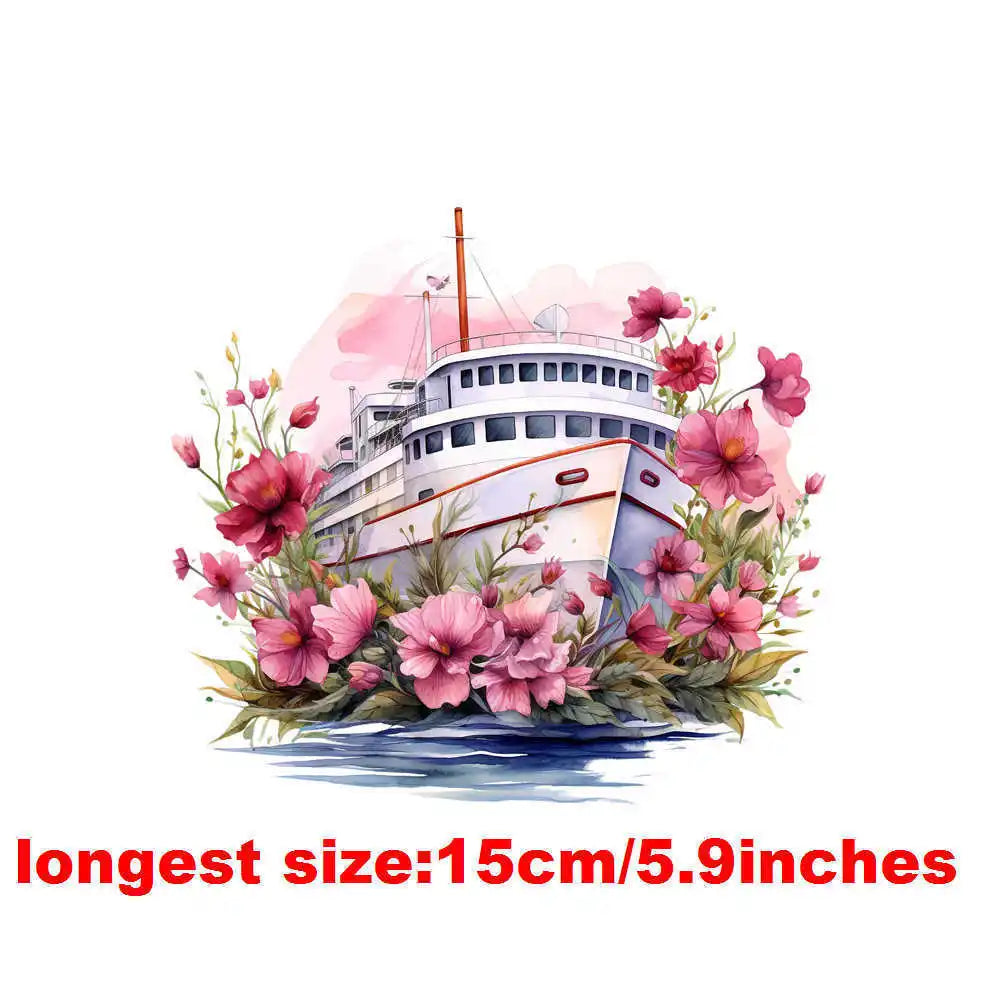 Bügelaufkleber - 15cm Blumendampfschiff