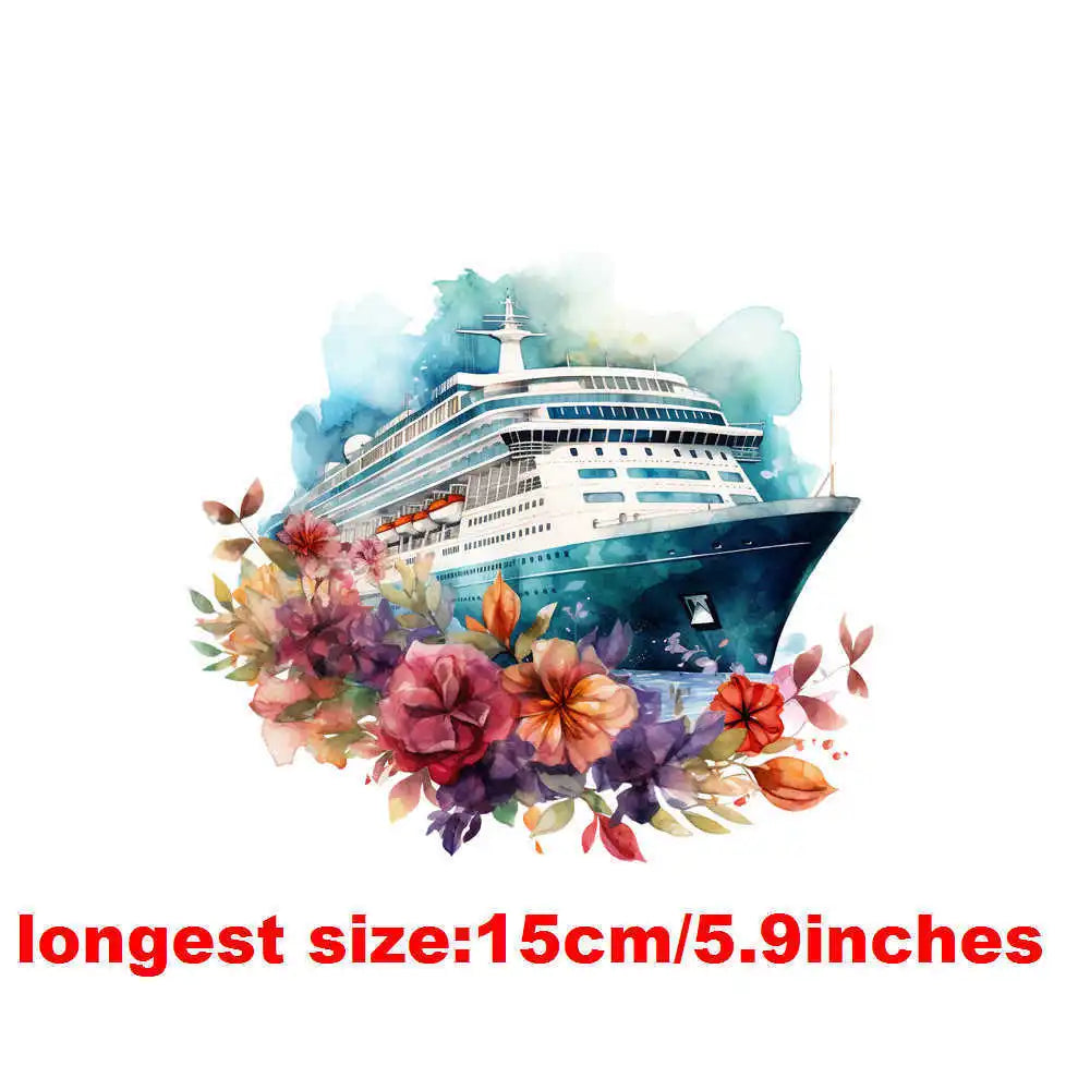 Bügelaufkleber - 15cm Blumendampfschiff