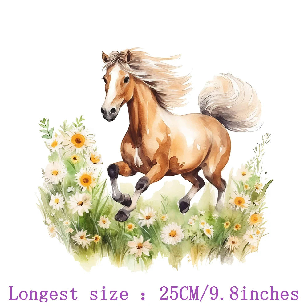 Bügelaufkleber - 25cm Blumen und Pferd