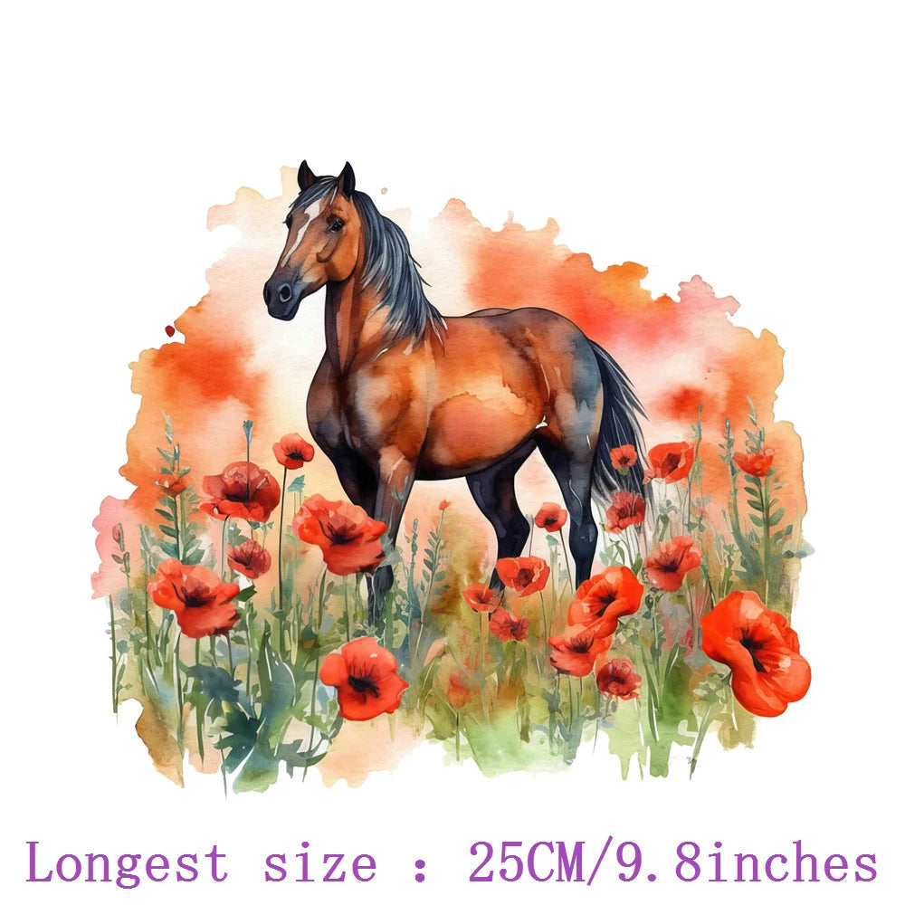 Bügelaufkleber - 25cm Blumen und Pferd