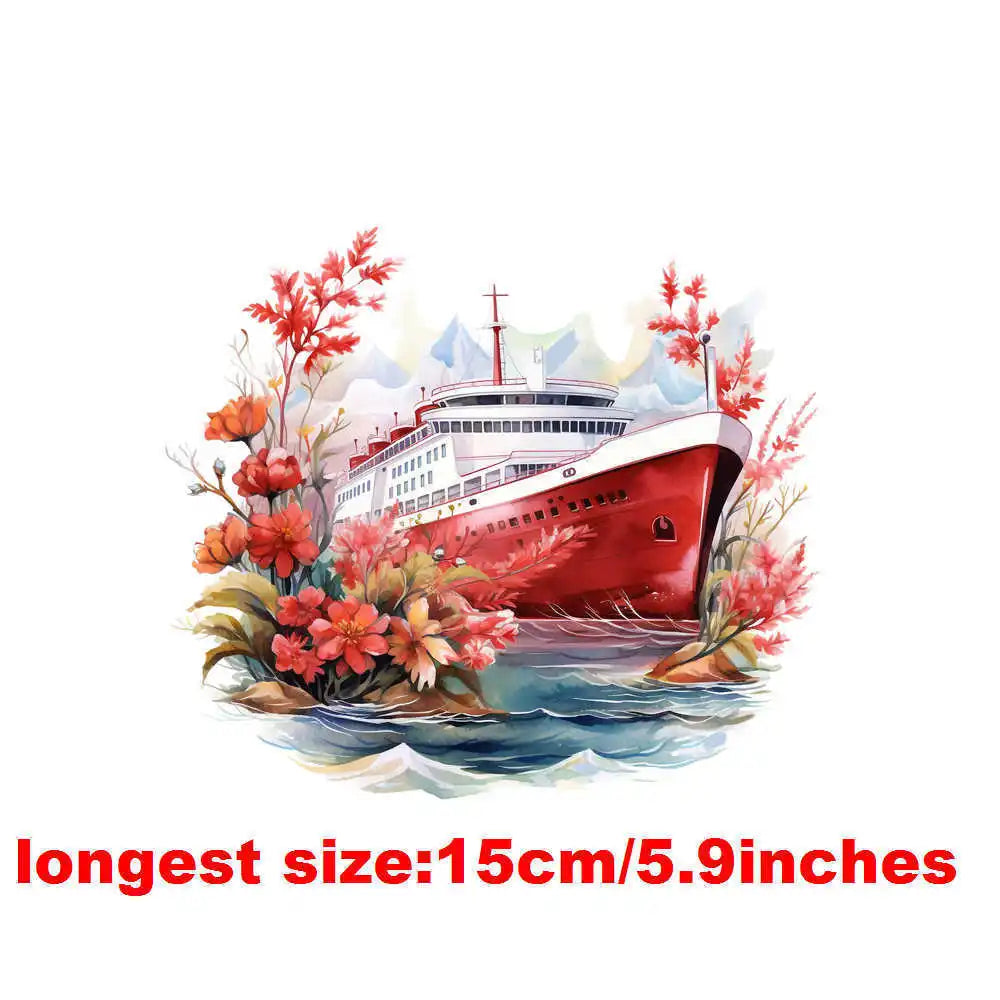 Bügelaufkleber - 15cm Blumendampfschiff