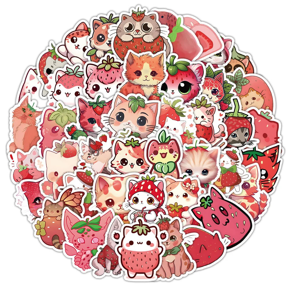 Sticker‑Set - Kawaii Katzen‑Sticker mit Erdbeeren (10‑53 Stk.)