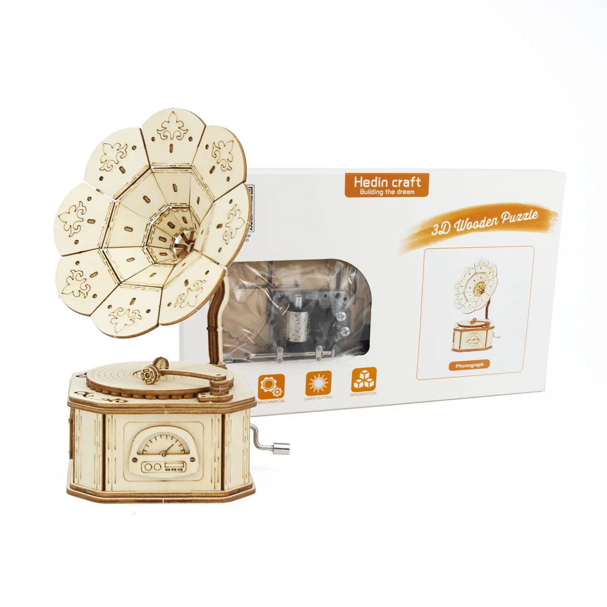 3D Holz-Puzzle - Grammophon mit Spieluhr