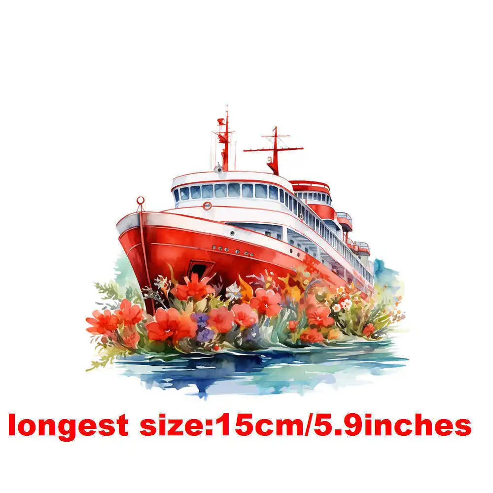 Bügelaufkleber - 15cm Blumendampfschiff