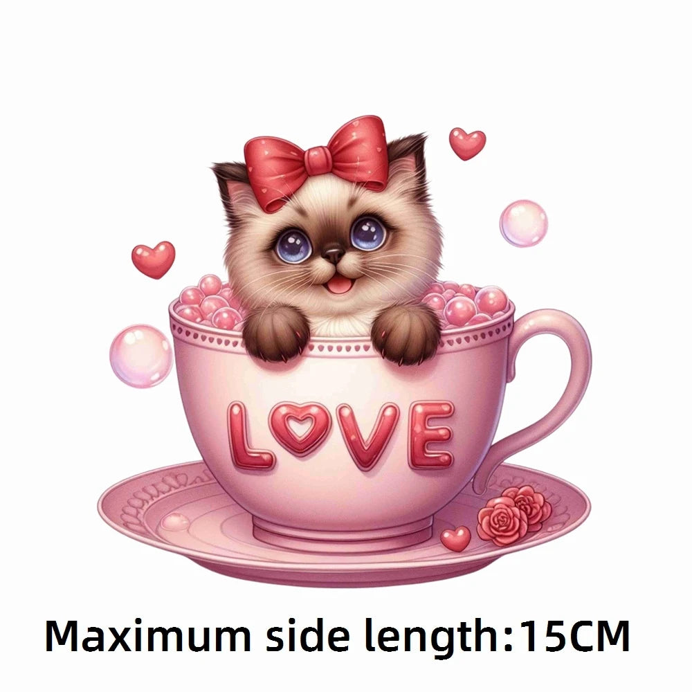Bügelaufkleber - 15cm Katze in Tasse