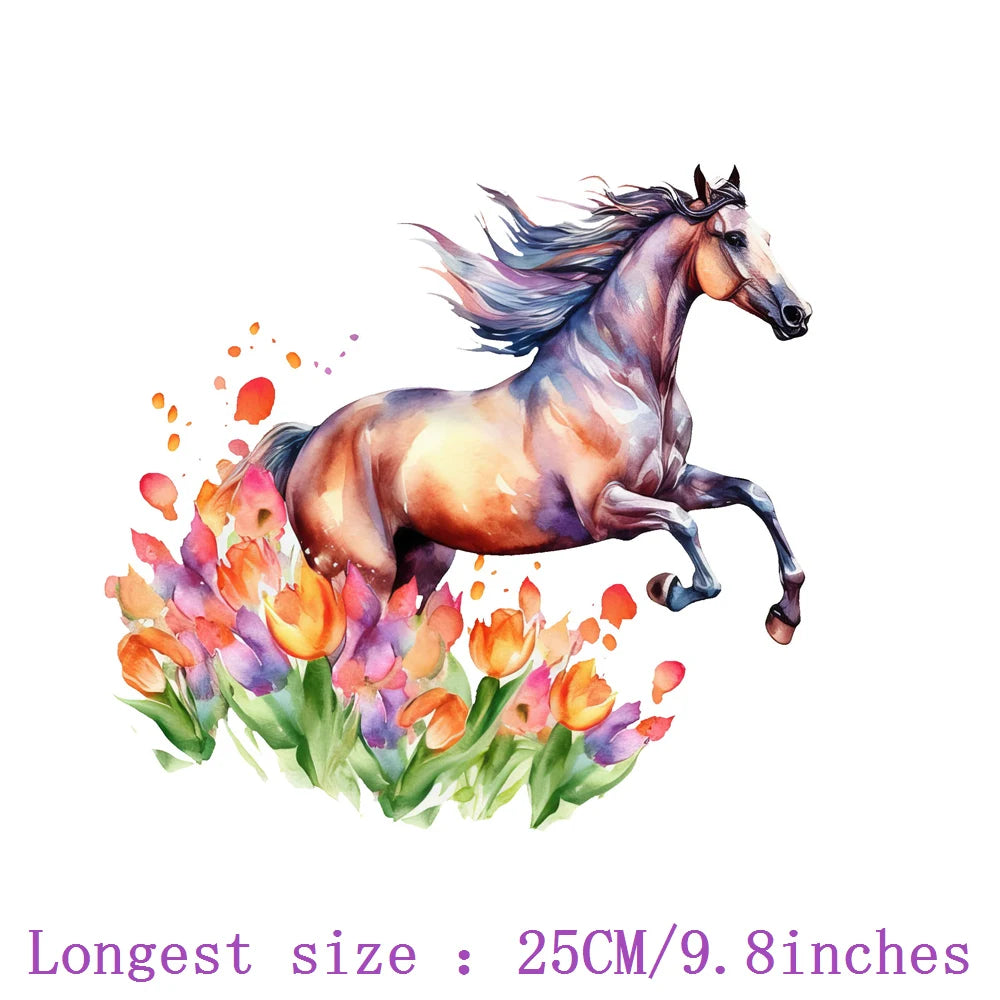 Bügelaufkleber - 25cm Blumen und Pferd