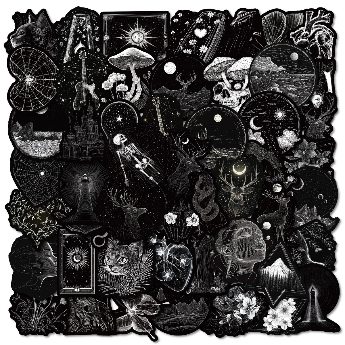 Sticker-Set - 50 Gothic Schwarz-Weiß