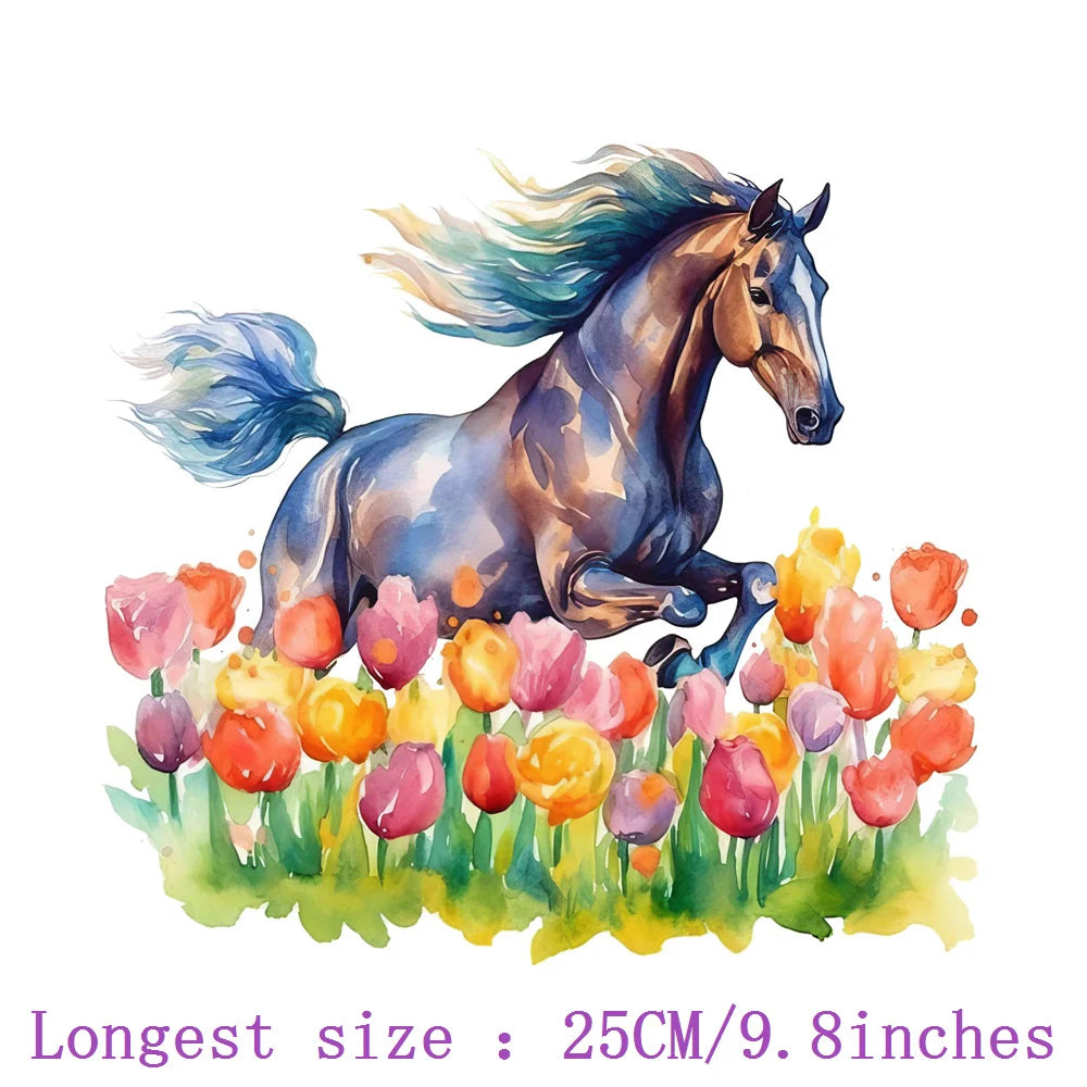 Bügelaufkleber - 25cm Blumen und Pferd