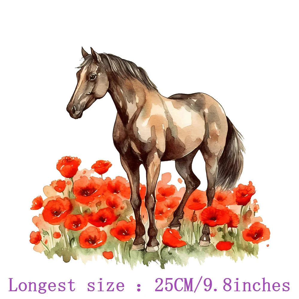 Bügelaufkleber - 25cm Blumen und Pferd