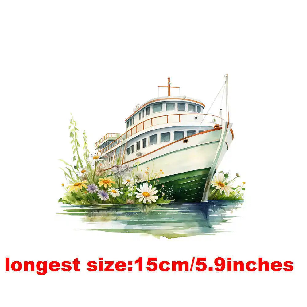 Bügelaufkleber - 15cm Blumendampfschiff