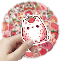 Sticker‑Set - Kawaii Katzen‑Sticker mit Erdbeeren (10‑53 Stk.)