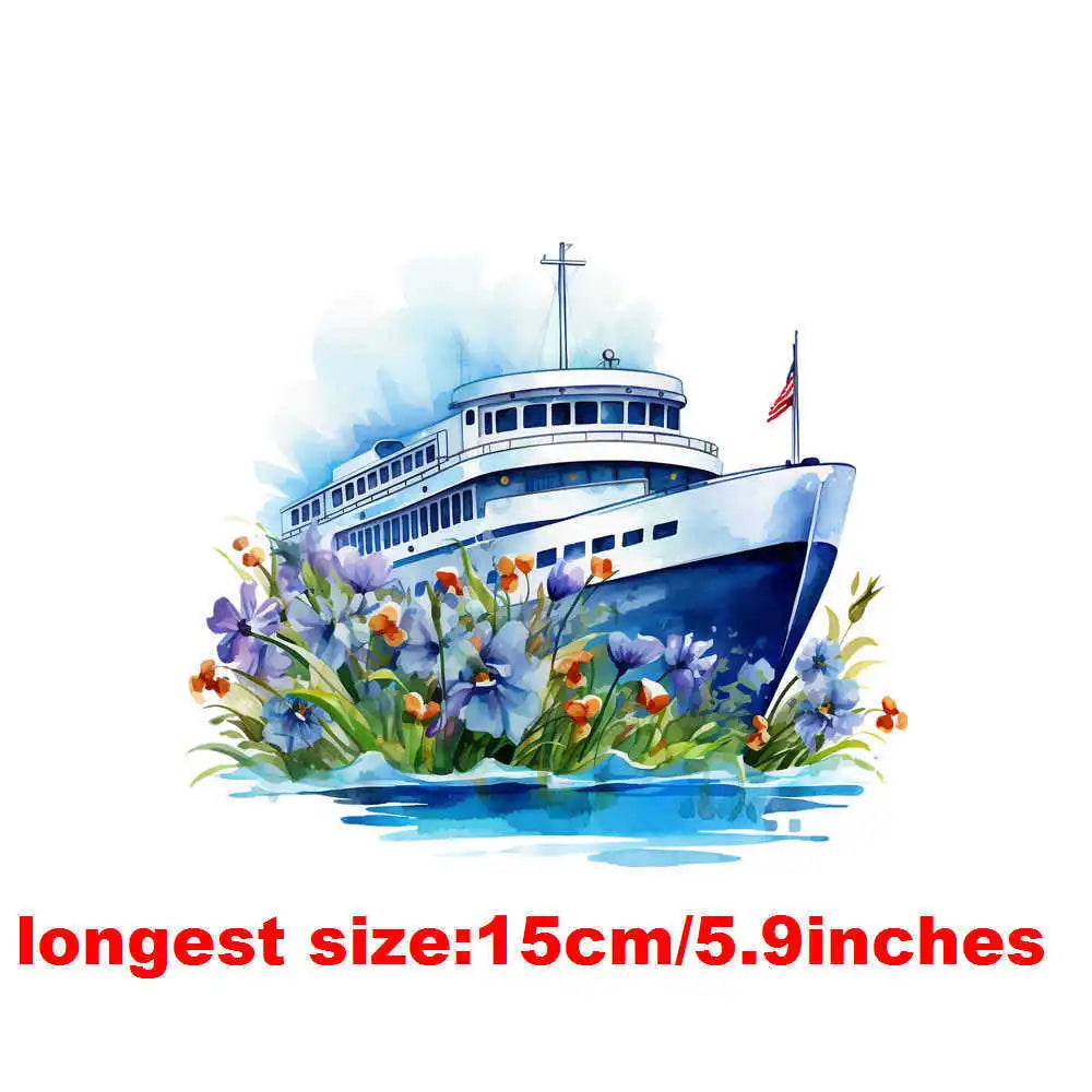 Bügelaufkleber - 15cm Blumendampfschiff