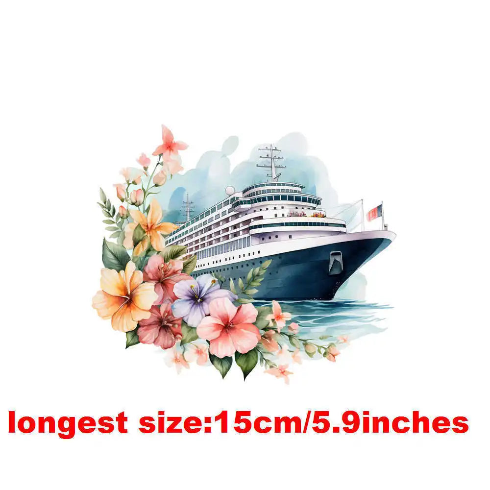 Bügelaufkleber - 15cm Blumendampfschiff
